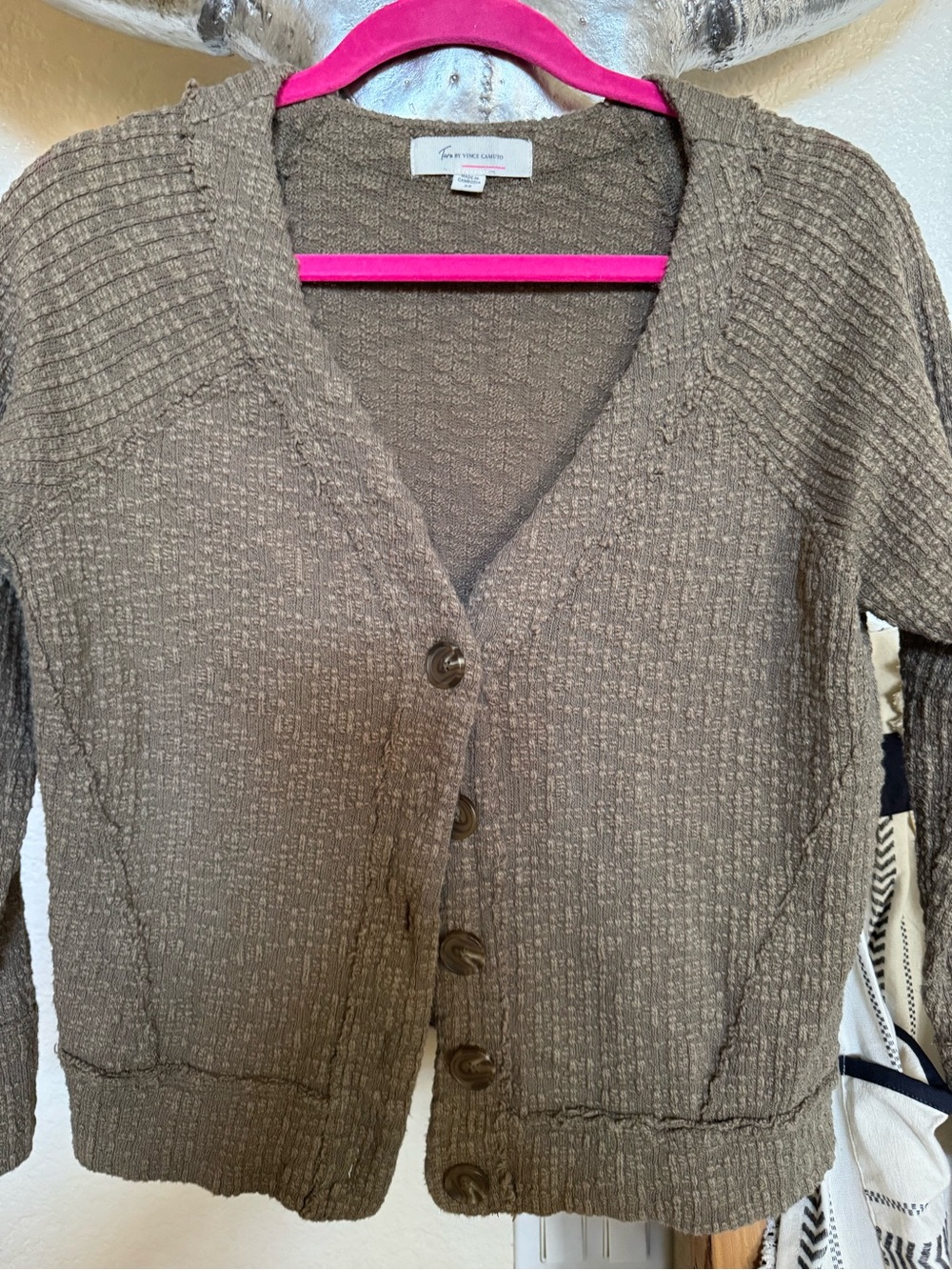 Two by Vince Camuto Textured Button Front Cardigan Sweater XS Olive Brown - Picture 4 of 8